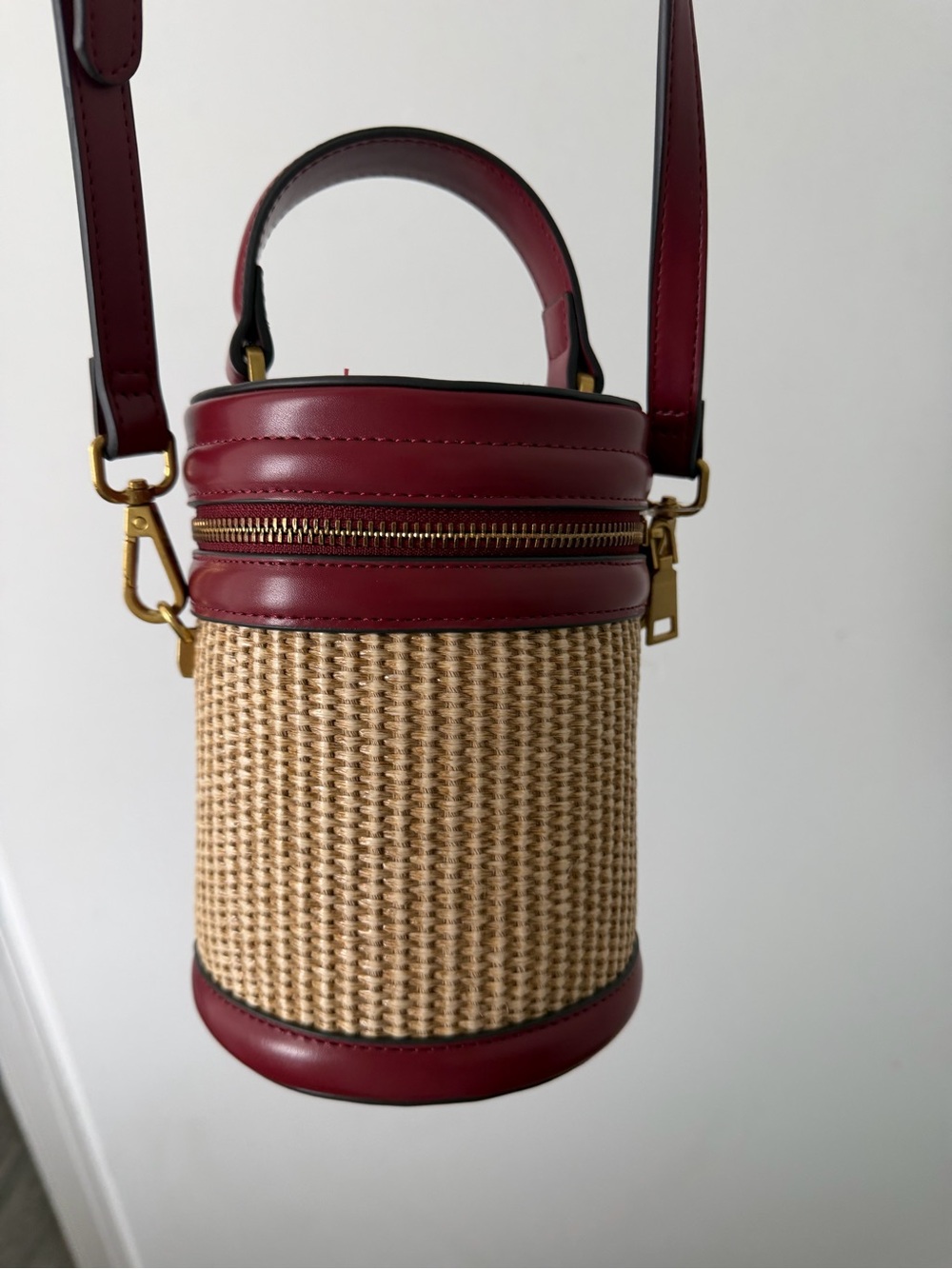 House of Harlow Woven Cylinder Crossbody Bag with Burgundy Trim